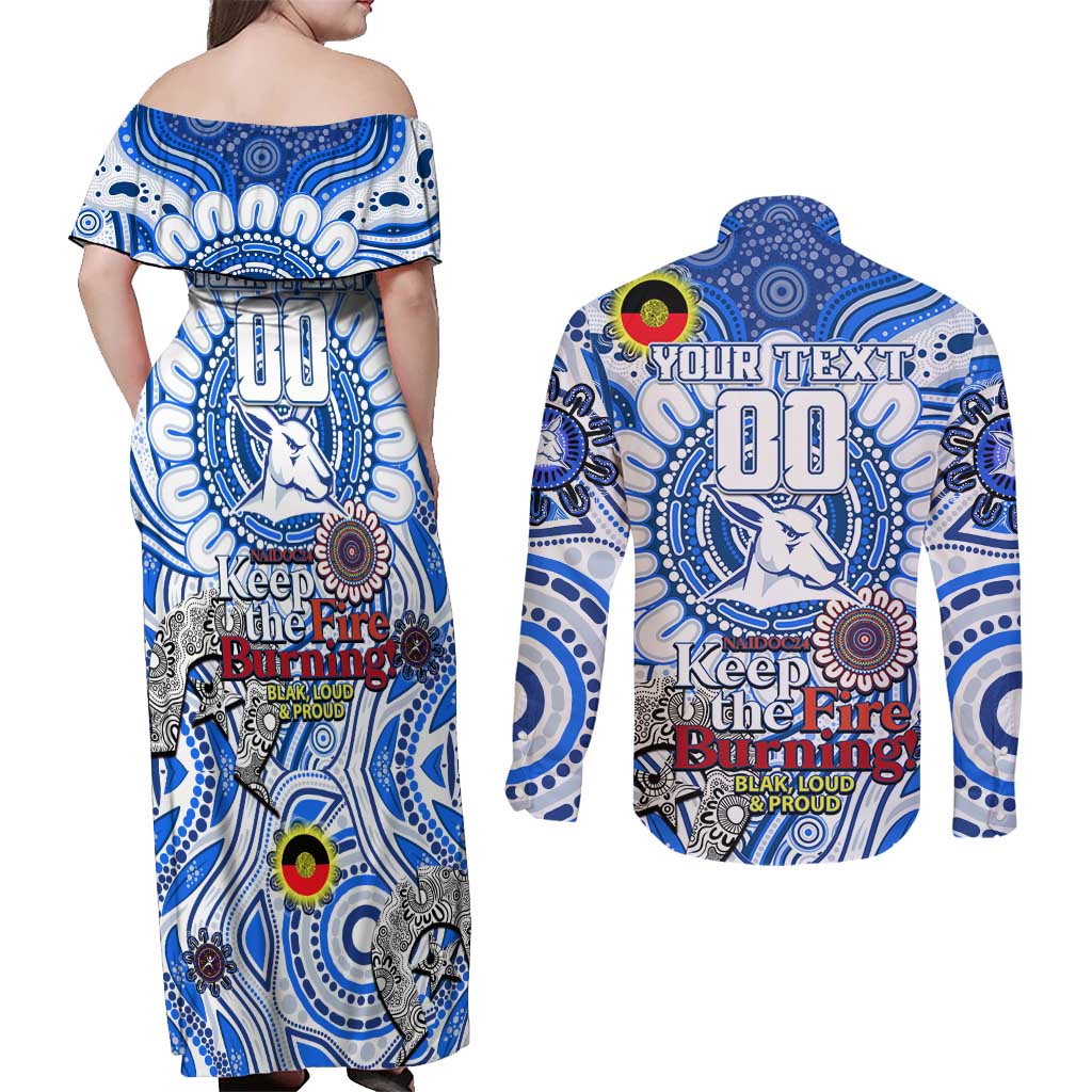Custom North Melbourne Kangaroos NAIDOC Week 2024 Couples Matching Off Shoulder Maxi Dress and Long Sleeve Button Shirt Mascot Football