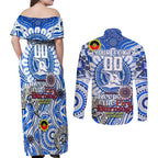 Custom North Melbourne Kangaroos NAIDOC Week 2024 Couples Matching Off Shoulder Maxi Dress and Long Sleeve Button Shirt Mascot Football