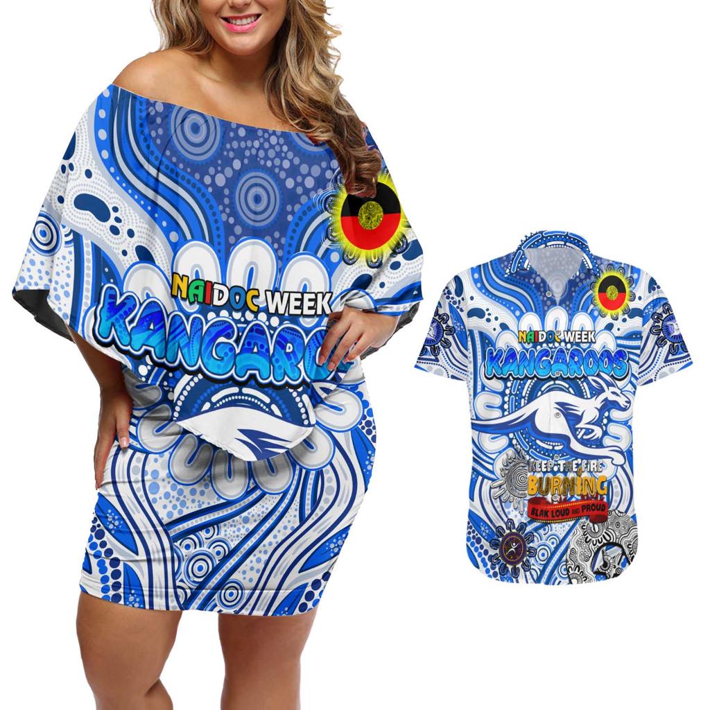 Custom North Melbourne Kangaroos NAIDOC Week 2024 Couples Matching Off Shoulder Short Dress and Hawaiian Shirt Mascot Football