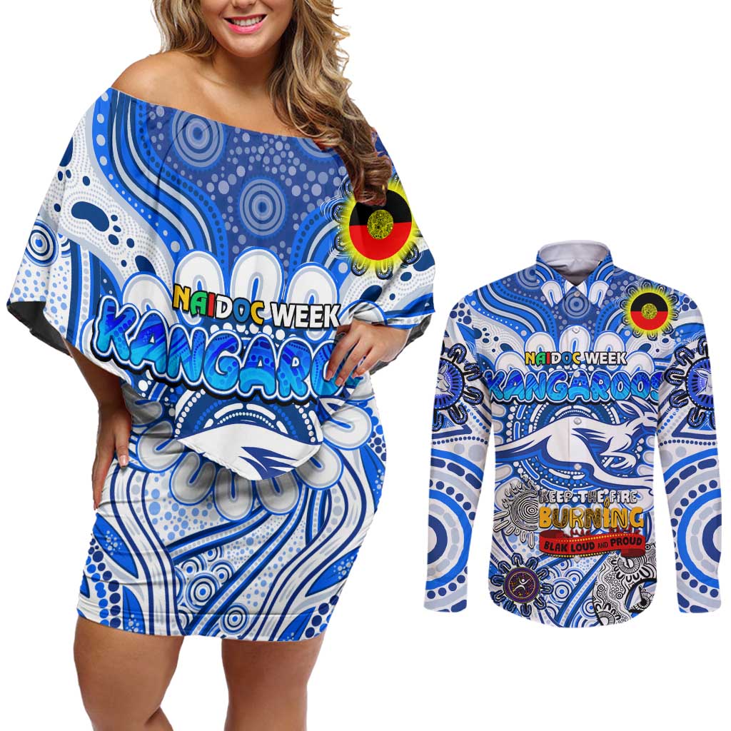 Custom North Melbourne Kangaroos NAIDOC Week 2024 Couples Matching Off Shoulder Short Dress and Long Sleeve Button Shirt Mascot Football