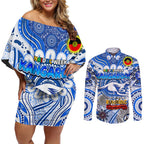 Custom North Melbourne Kangaroos NAIDOC Week 2024 Couples Matching Off Shoulder Short Dress and Long Sleeve Button Shirt Mascot Football