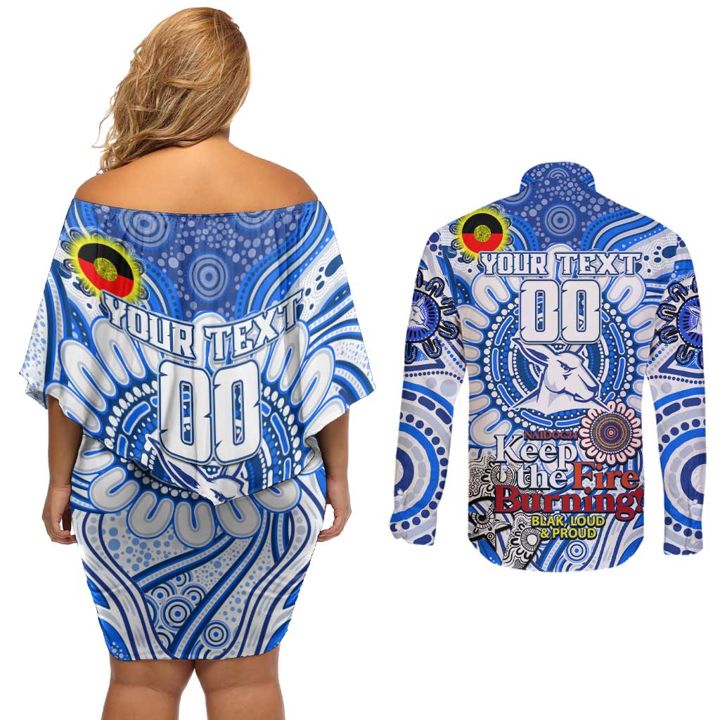 Custom North Melbourne Kangaroos NAIDOC Week 2024 Couples Matching Off Shoulder Short Dress and Long Sleeve Button Shirt Mascot Football