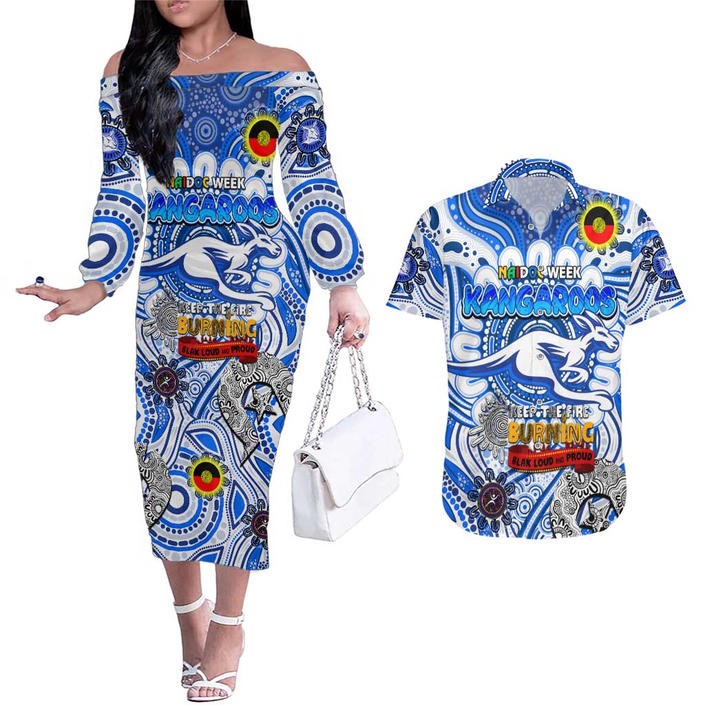 Custom North Melbourne Kangaroos NAIDOC Week 2024 Couples Matching Off The Shoulder Long Sleeve Dress and Hawaiian Shirt Mascot Football