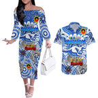 Custom North Melbourne Kangaroos NAIDOC Week 2024 Couples Matching Off The Shoulder Long Sleeve Dress and Hawaiian Shirt Mascot Football