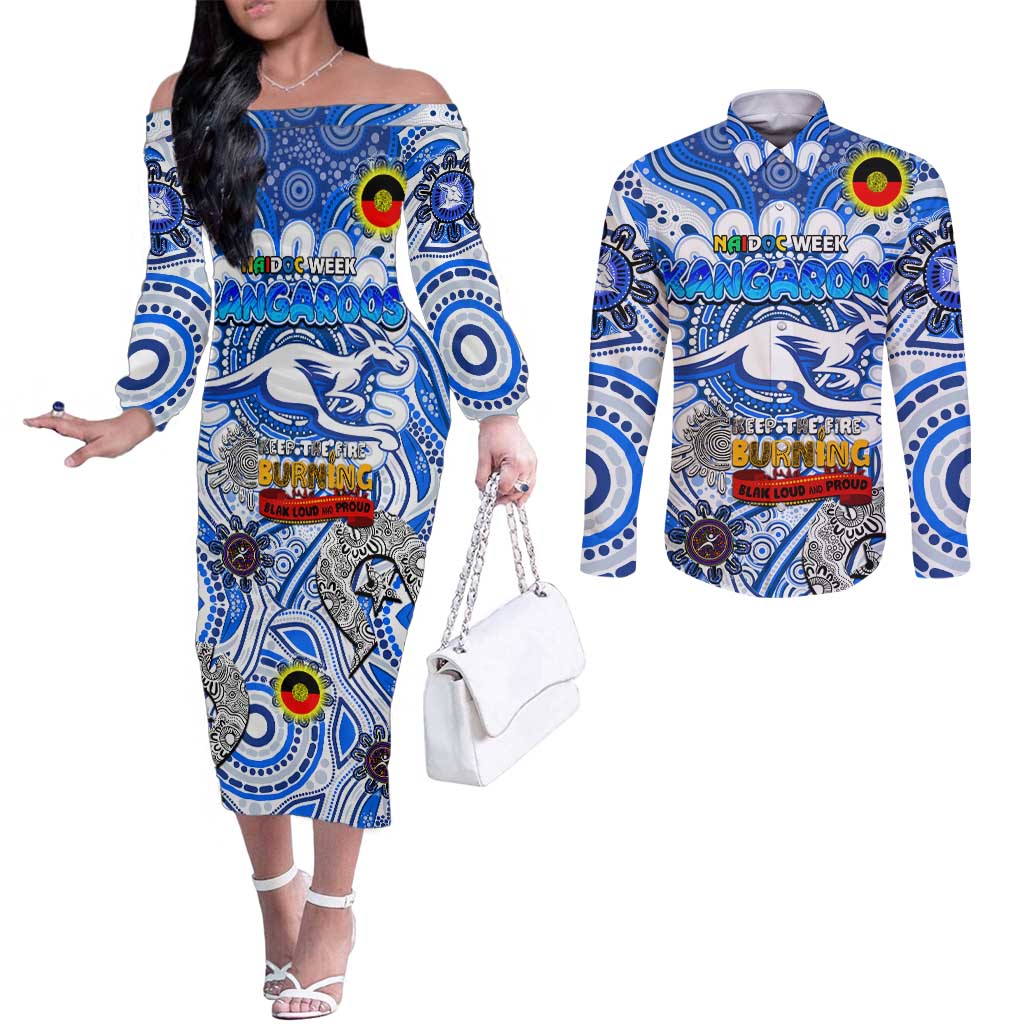 Custom North Melbourne Kangaroos NAIDOC Week 2024 Couples Matching Off The Shoulder Long Sleeve Dress and Long Sleeve Button Shirt Mascot Football