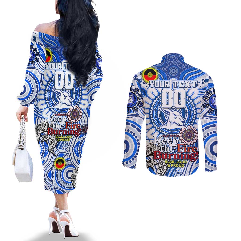 Custom North Melbourne Kangaroos NAIDOC Week 2024 Couples Matching Off The Shoulder Long Sleeve Dress and Long Sleeve Button Shirt Mascot Football