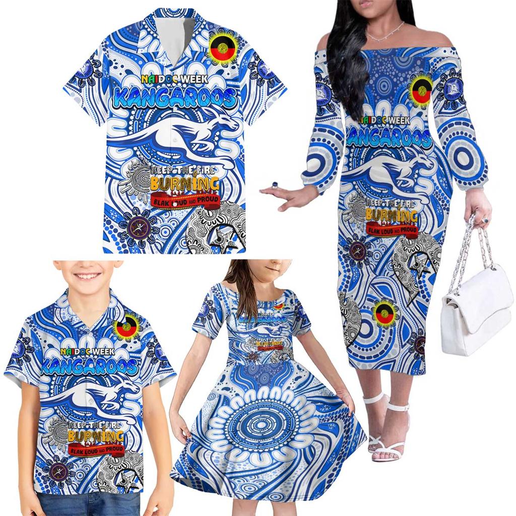Custom North Melbourne Kangaroos NAIDOC Week 2024 Family Matching Off The Shoulder Long Sleeve Dress and Hawaiian Shirt Mascot Football
