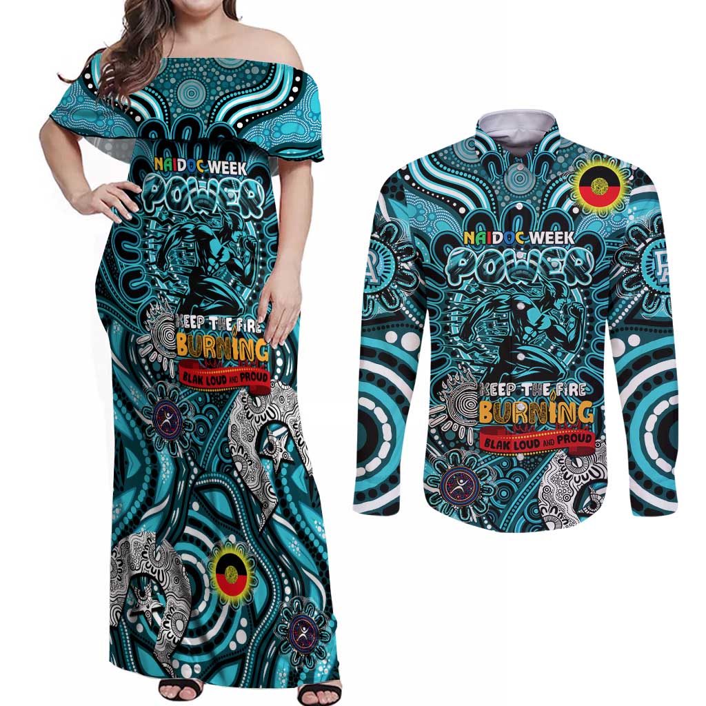 Custom Port Adelaide Power NAIDOC Week 2024 Couples Matching Off Shoulder Maxi Dress and Long Sleeve Button Shirt Mascot Football