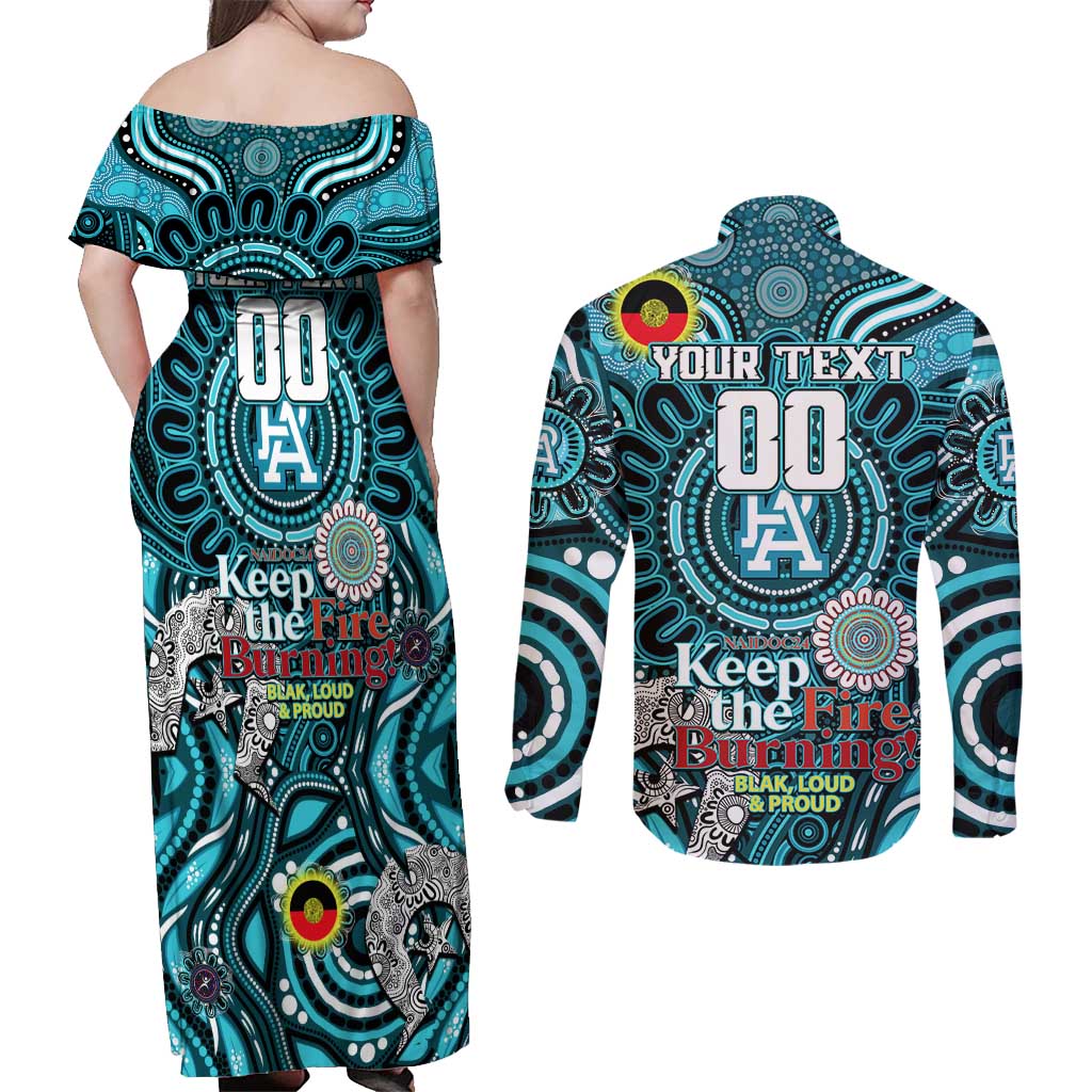 Custom Port Adelaide Power NAIDOC Week 2024 Couples Matching Off Shoulder Maxi Dress and Long Sleeve Button Shirt Mascot Football