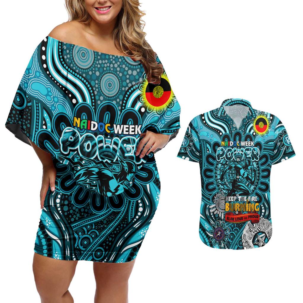 Custom Port Adelaide Power NAIDOC Week 2024 Couples Matching Off Shoulder Short Dress and Hawaiian Shirt Mascot Football