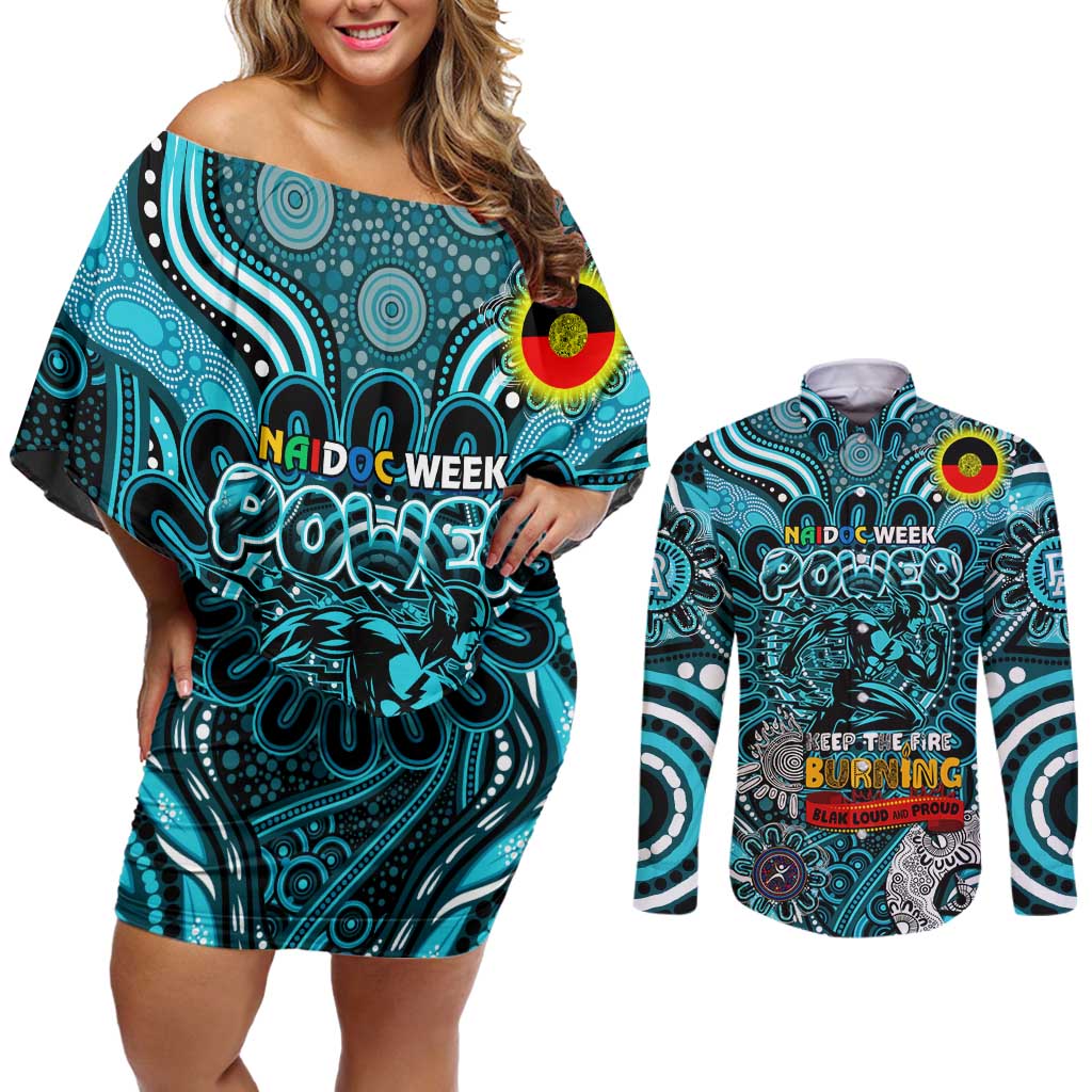 Custom Port Adelaide Power NAIDOC Week 2024 Couples Matching Off Shoulder Short Dress and Long Sleeve Button Shirt Mascot Football