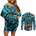 Custom Port Adelaide Power NAIDOC Week 2024 Couples Matching Off Shoulder Short Dress and Long Sleeve Button Shirt Mascot Football