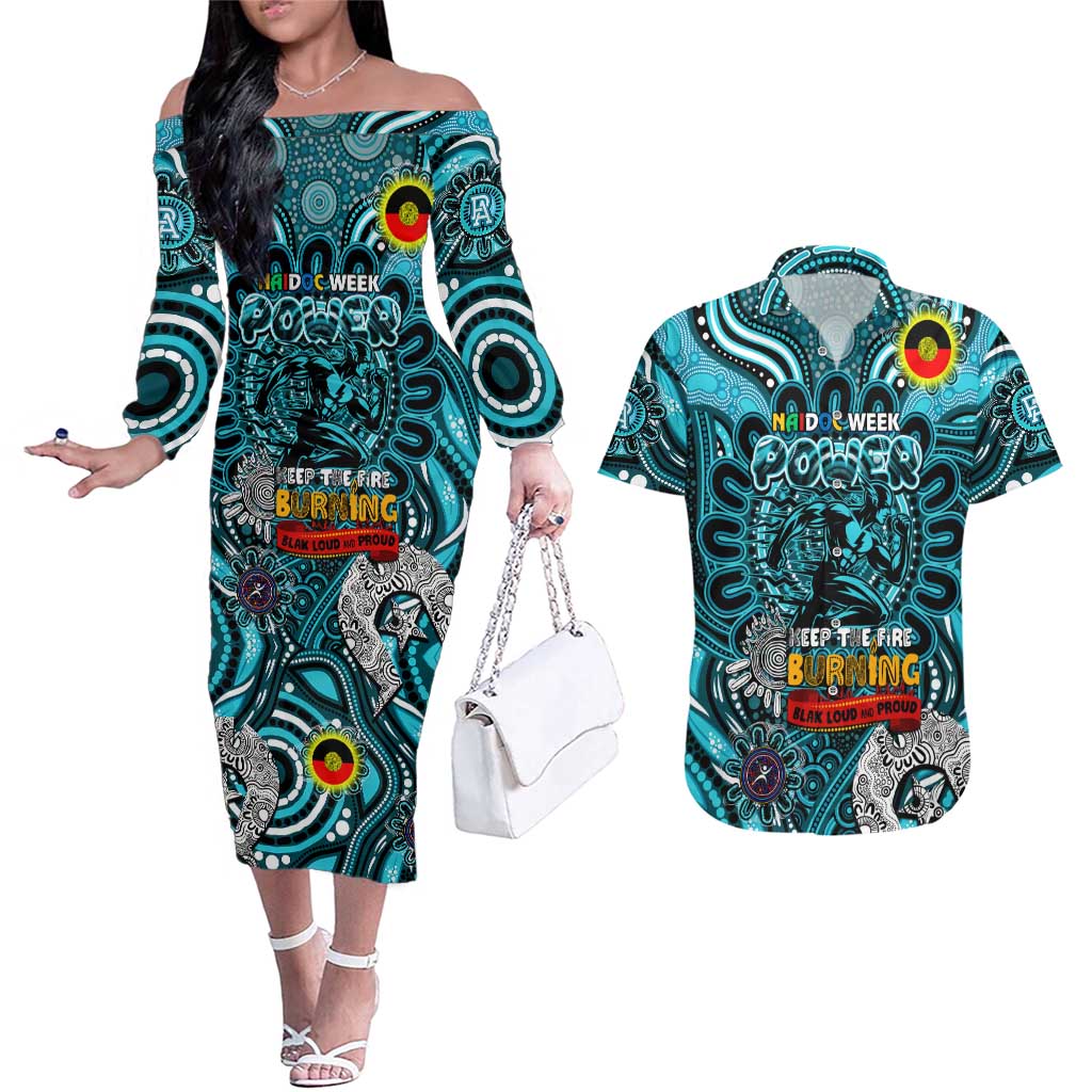 Custom Port Adelaide Power NAIDOC Week 2024 Couples Matching Off The Shoulder Long Sleeve Dress and Hawaiian Shirt Mascot Football