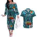 Custom Port Adelaide Power NAIDOC Week 2024 Couples Matching Off The Shoulder Long Sleeve Dress and Hawaiian Shirt Mascot Football