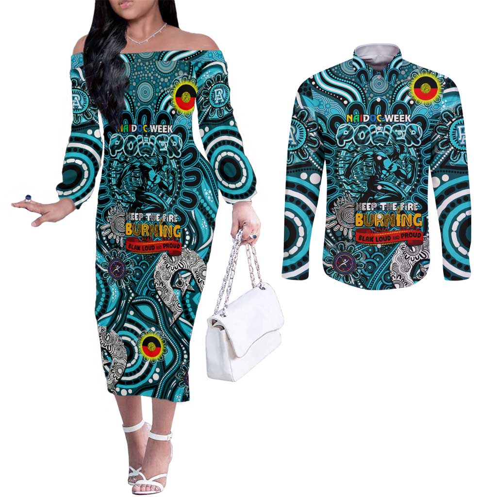 Custom Port Adelaide Power NAIDOC Week 2024 Couples Matching Off The Shoulder Long Sleeve Dress and Long Sleeve Button Shirt Mascot Football