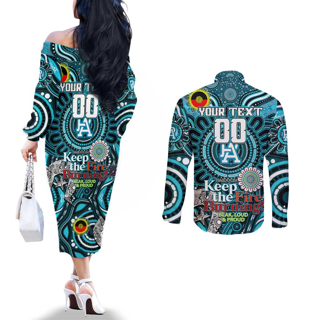 Custom Port Adelaide Power NAIDOC Week 2024 Couples Matching Off The Shoulder Long Sleeve Dress and Long Sleeve Button Shirt Mascot Football