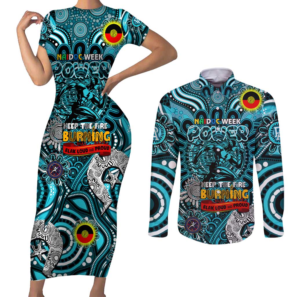 Custom Port Adelaide Power NAIDOC Week 2024 Couples Matching Short Sleeve Bodycon Dress and Long Sleeve Button Shirt Mascot Football