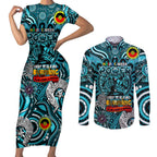 Custom Port Adelaide Power NAIDOC Week 2024 Couples Matching Short Sleeve Bodycon Dress and Long Sleeve Button Shirt Mascot Football