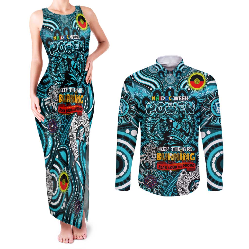 Custom Port Adelaide Power NAIDOC Week 2024 Couples Matching Tank Maxi Dress and Long Sleeve Button Shirt Mascot Football