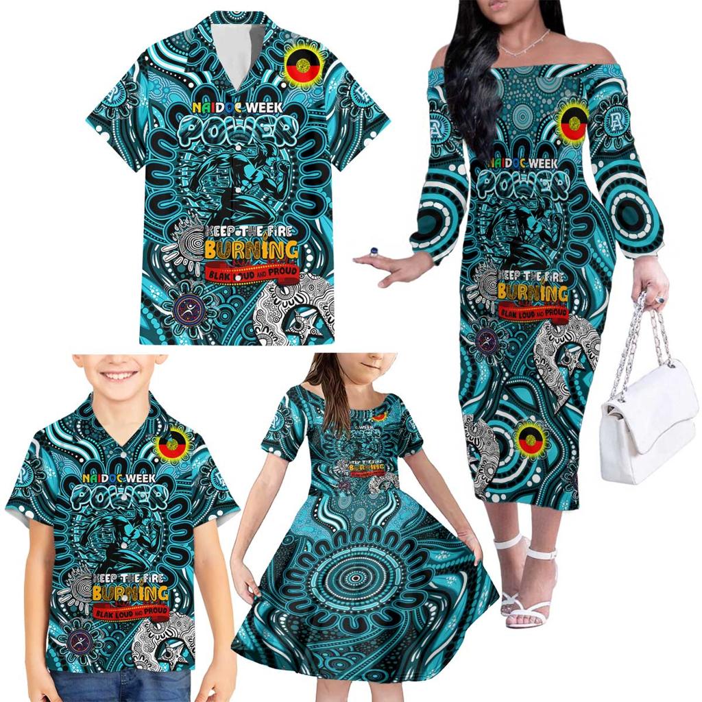 Custom Port Adelaide Power NAIDOC Week 2024 Family Matching Off The Shoulder Long Sleeve Dress and Hawaiian Shirt Mascot Football