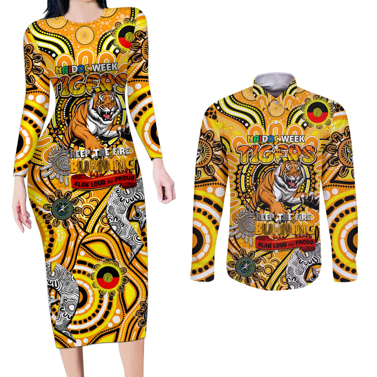 Custom Richmond Tiger NAIDOC Week 2024 Couples Matching Long Sleeve Bodycon Dress and Long Sleeve Button Shirt Mascot Football