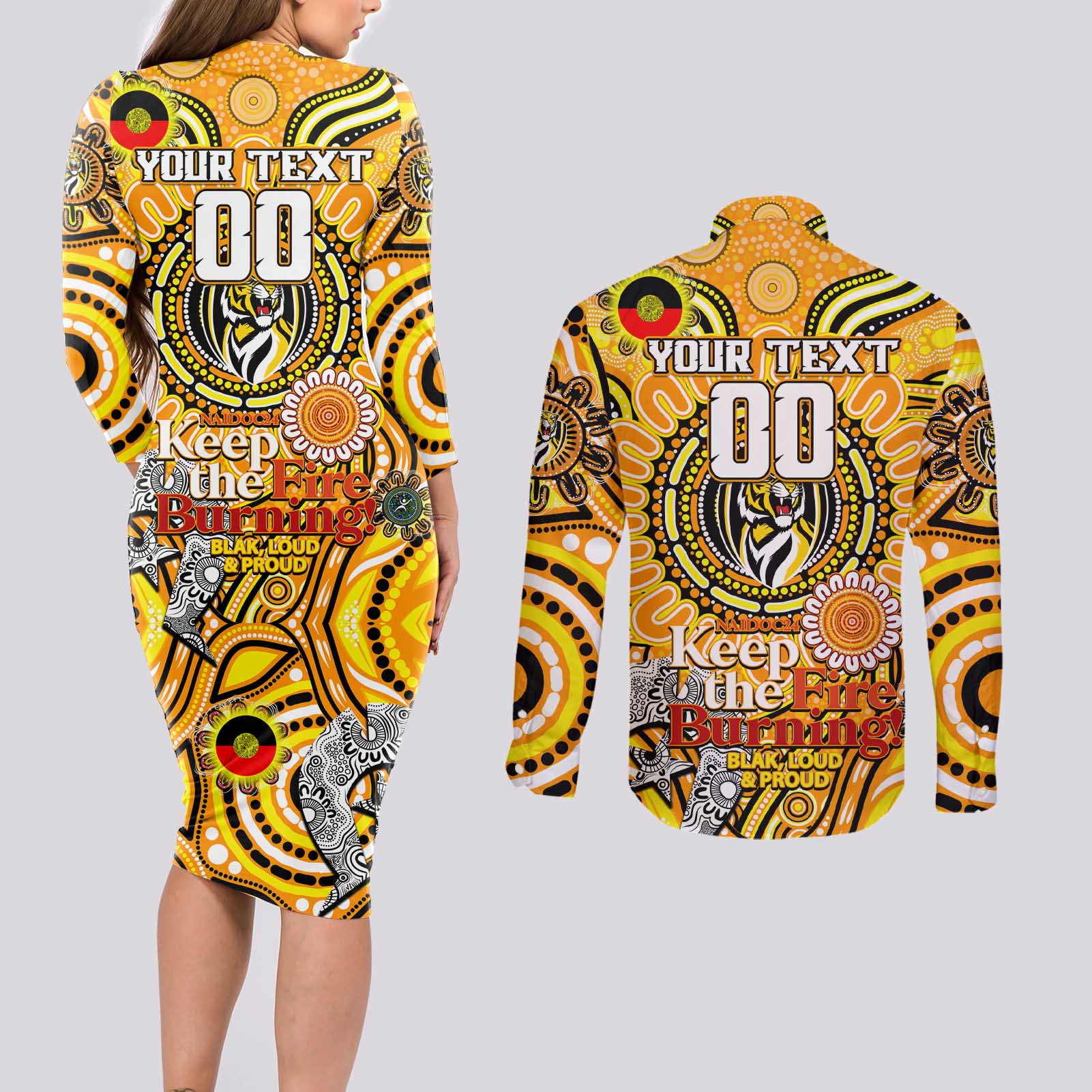 Custom Richmond Tiger NAIDOC Week 2024 Couples Matching Long Sleeve Bodycon Dress and Long Sleeve Button Shirt Mascot Football