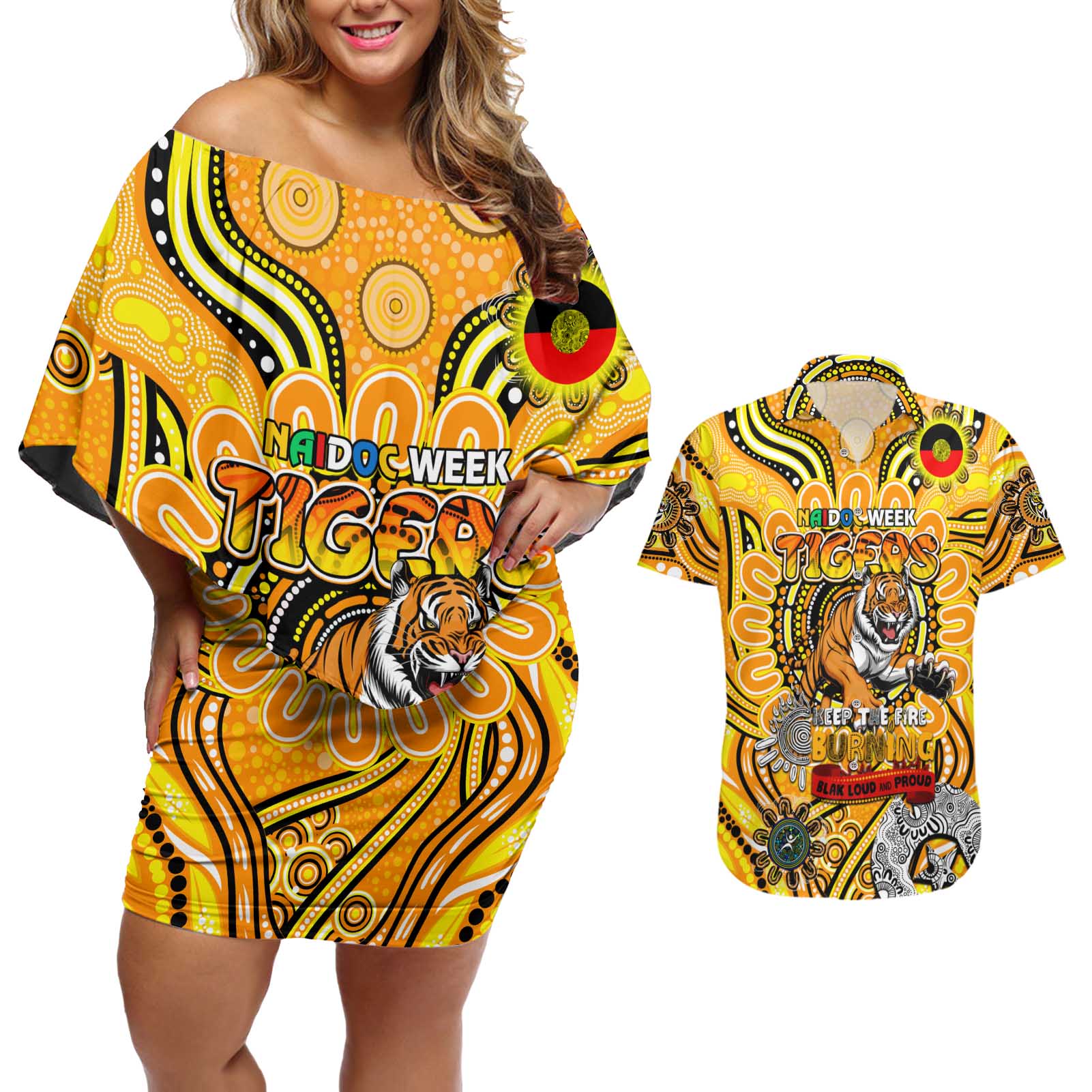 Custom Richmond Tiger NAIDOC Week 2024 Couples Matching Off Shoulder Short Dress and Hawaiian Shirt Mascot Football