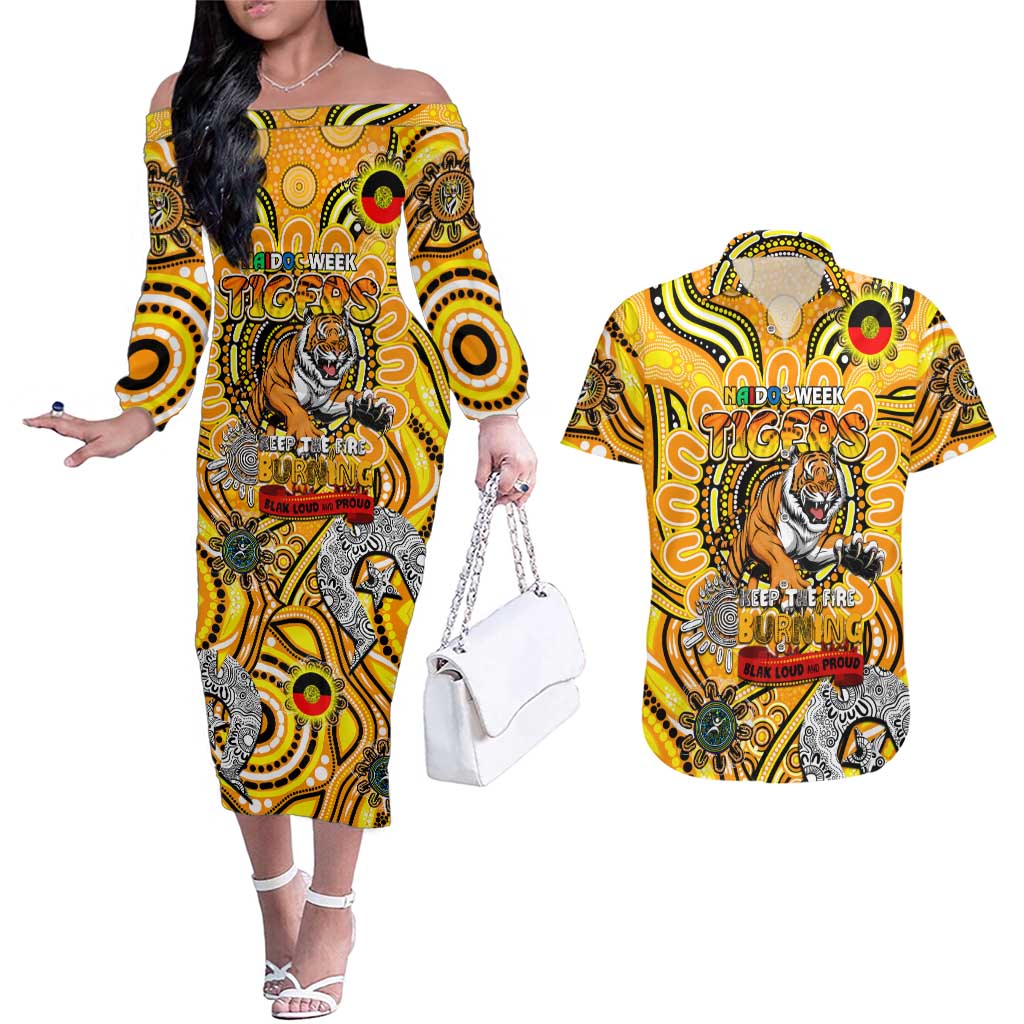 Custom Richmond Tiger NAIDOC Week 2024 Couples Matching Off The Shoulder Long Sleeve Dress and Hawaiian Shirt Mascot Football