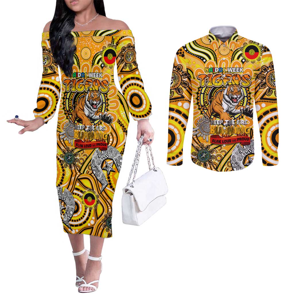 Custom Richmond Tiger NAIDOC Week 2024 Couples Matching Off The Shoulder Long Sleeve Dress and Long Sleeve Button Shirt Mascot Football