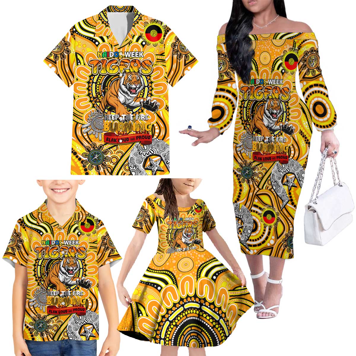 Custom Richmond Tiger NAIDOC Week 2024 Family Matching Off The Shoulder Long Sleeve Dress and Hawaiian Shirt Mascot Football