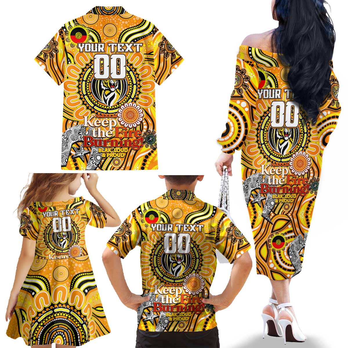 Custom Richmond Tiger NAIDOC Week 2024 Family Matching Off The Shoulder Long Sleeve Dress and Hawaiian Shirt Mascot Football