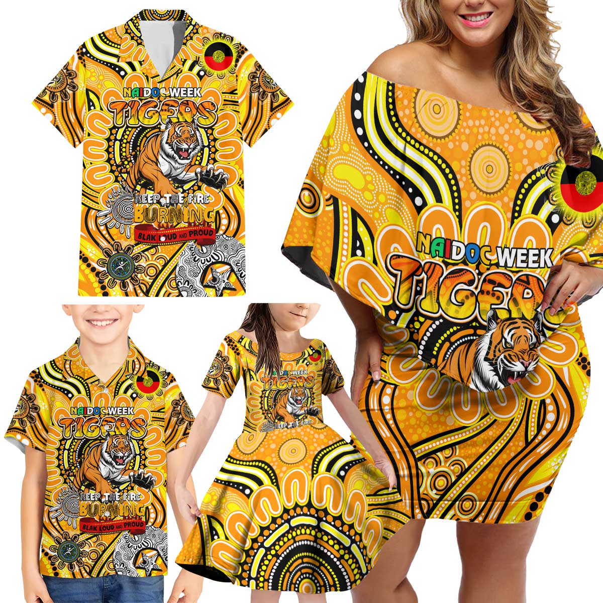 Custom Richmond Tiger NAIDOC Week 2024 Family Matching Off Shoulder Short Dress and Hawaiian Shirt Mascot Football