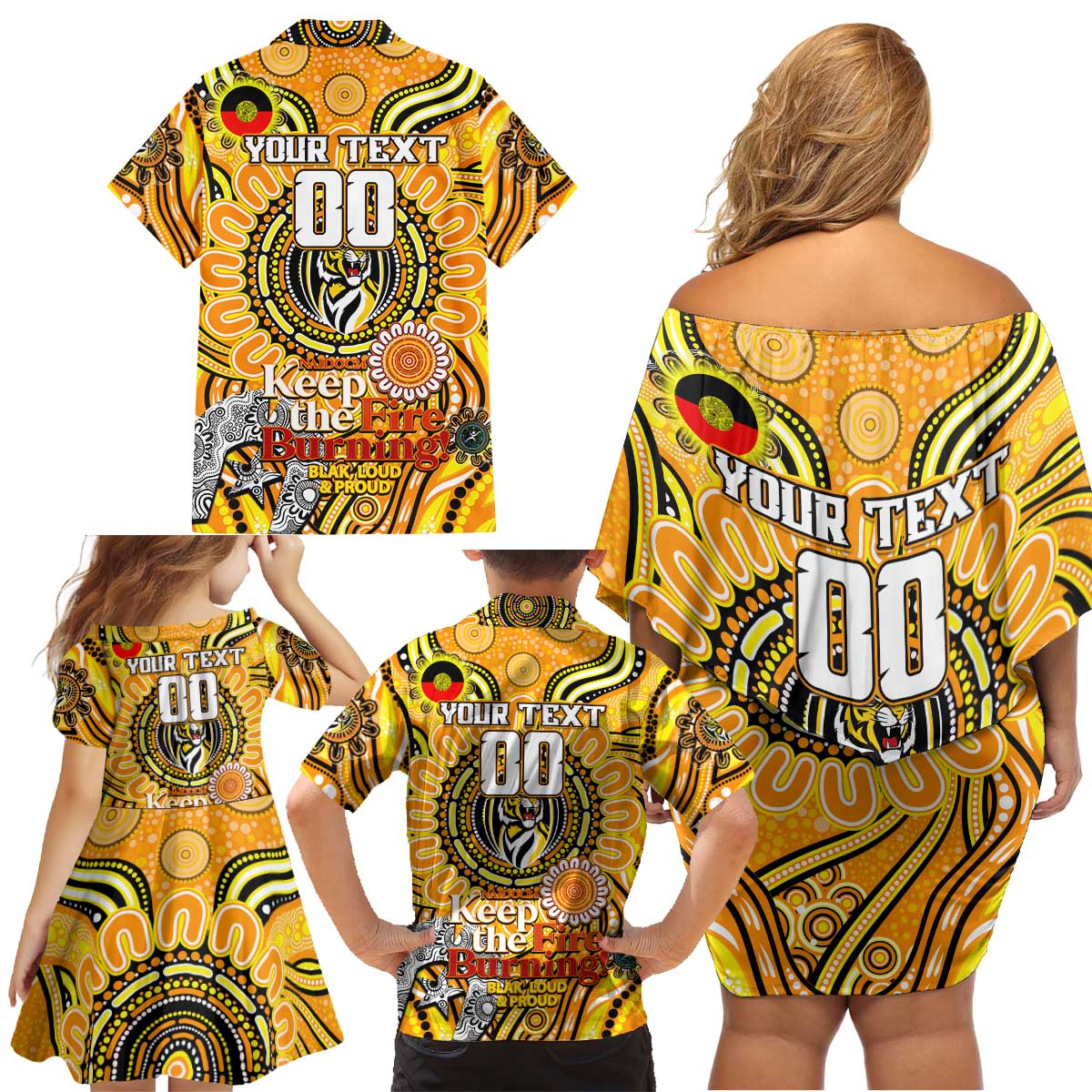 Custom Richmond Tiger NAIDOC Week 2024 Family Matching Off Shoulder Short Dress and Hawaiian Shirt Mascot Football