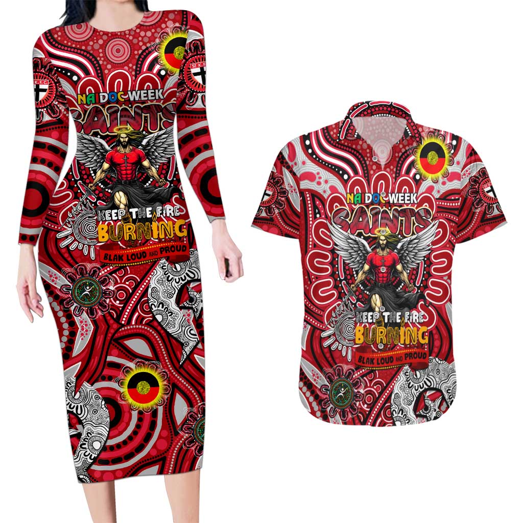 Custom St Kilda Saints NAIDOC Week 2024 Couples Matching Long Sleeve Bodycon Dress and Hawaiian Shirt Mascot Football