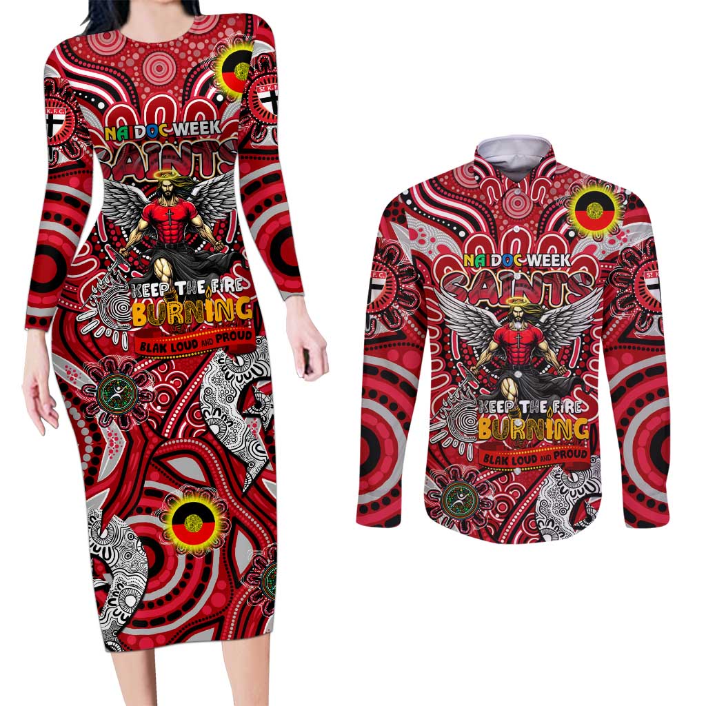 Custom St Kilda Saints NAIDOC Week 2024 Couples Matching Long Sleeve Bodycon Dress and Long Sleeve Button Shirt Mascot Football