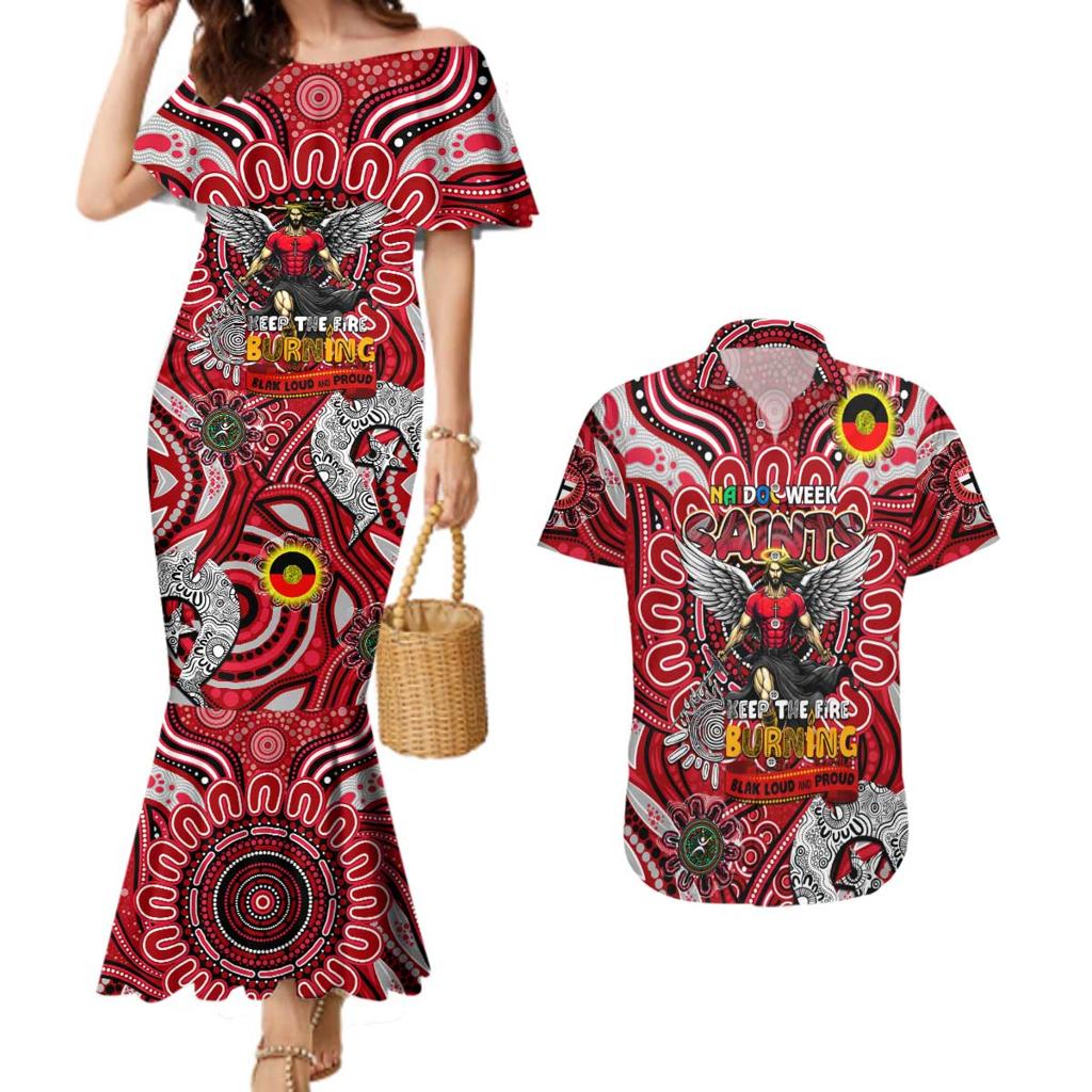 Custom St Kilda Saints NAIDOC Week 2024 Couples Matching Mermaid Dress and Hawaiian Shirt Mascot Football
