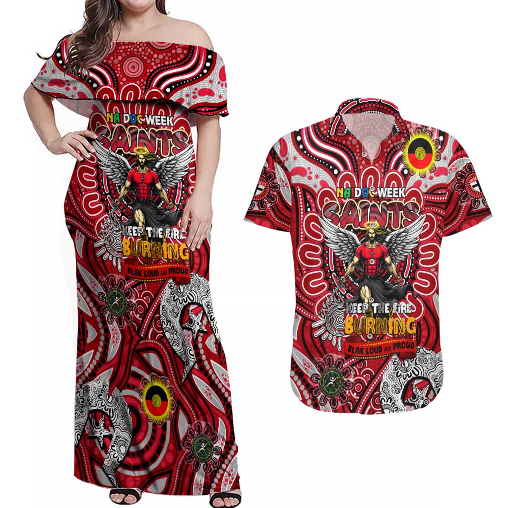 Custom St Kilda Saints NAIDOC Week 2024 Couples Matching Off Shoulder Maxi Dress and Hawaiian Shirt Mascot Football