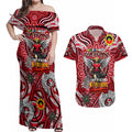 Custom St Kilda Saints NAIDOC Week 2024 Couples Matching Off Shoulder Maxi Dress and Hawaiian Shirt Mascot Football