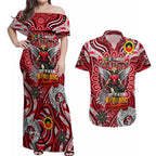 Custom St Kilda Saints NAIDOC Week 2024 Couples Matching Off Shoulder Maxi Dress and Hawaiian Shirt Mascot Football