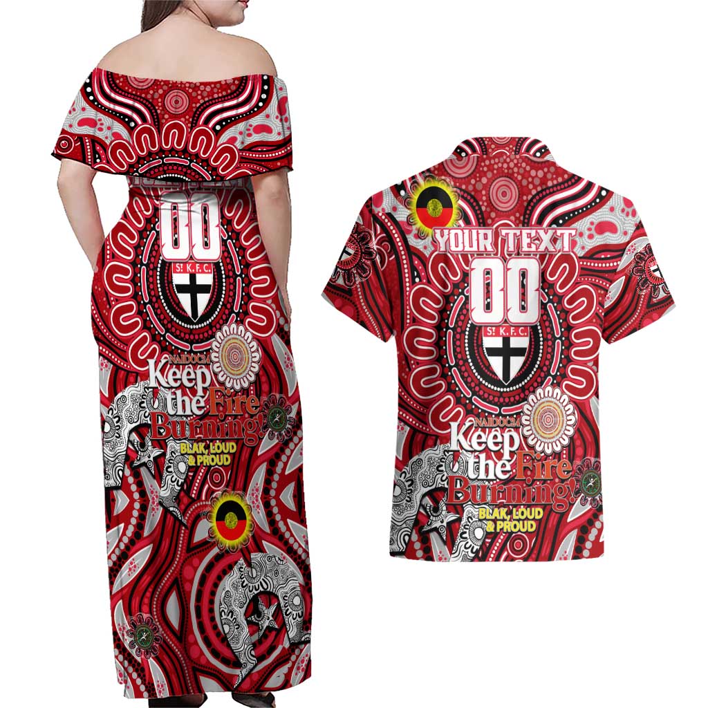 Custom St Kilda Saints NAIDOC Week 2024 Couples Matching Off Shoulder Maxi Dress and Hawaiian Shirt Mascot Football