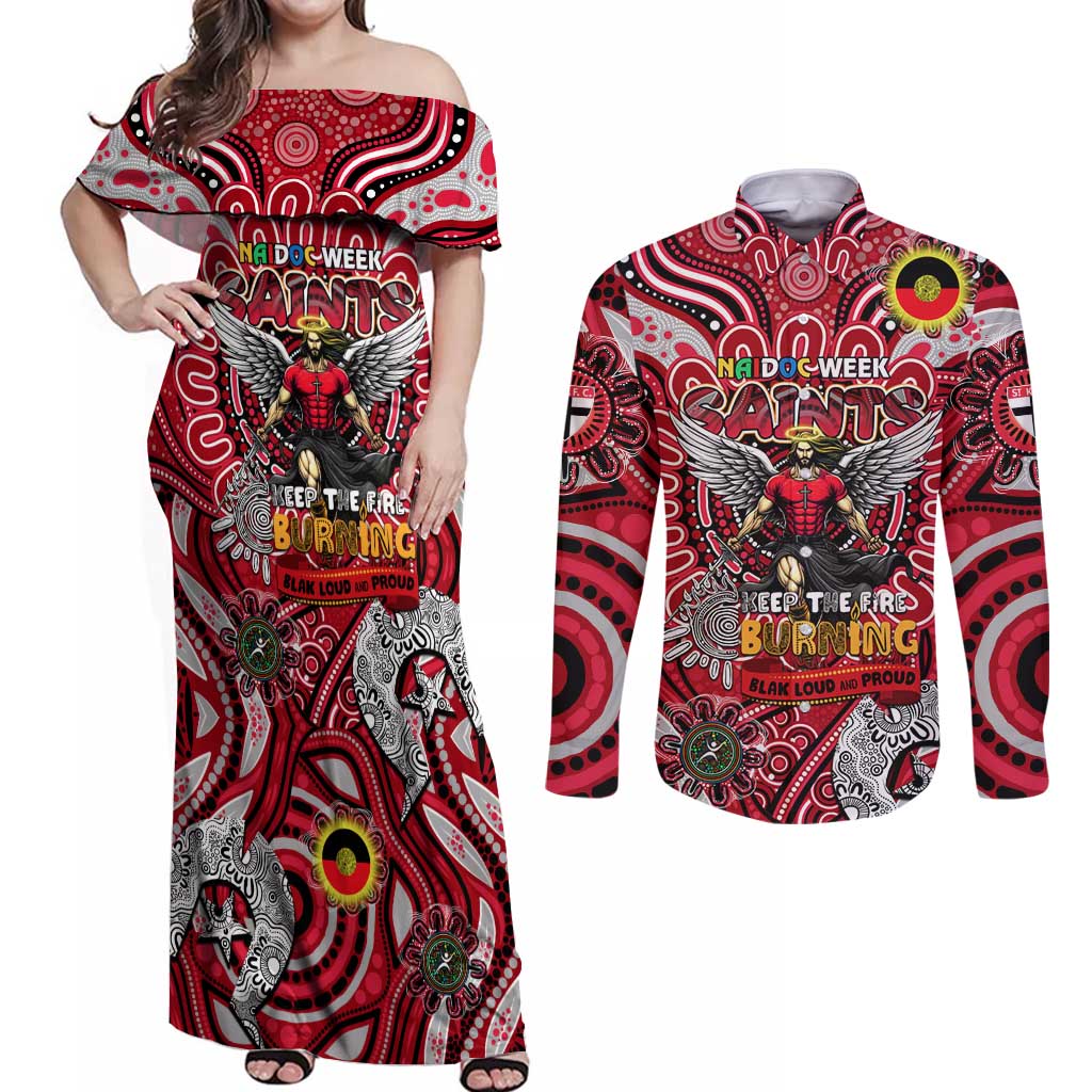 Custom St Kilda Saints NAIDOC Week 2024 Couples Matching Off Shoulder Maxi Dress and Long Sleeve Button Shirt Mascot Football