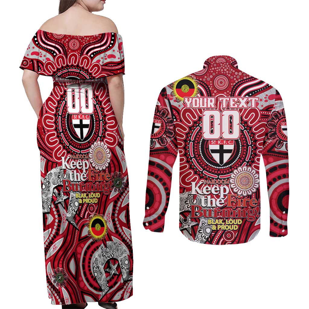 Custom St Kilda Saints NAIDOC Week 2024 Couples Matching Off Shoulder Maxi Dress and Long Sleeve Button Shirt Mascot Football