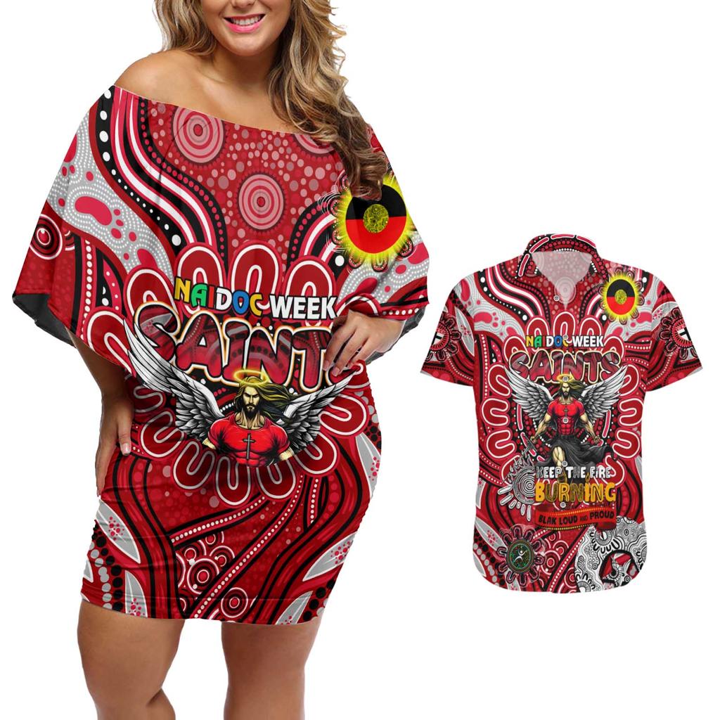 Custom St Kilda Saints NAIDOC Week 2024 Couples Matching Off Shoulder Short Dress and Hawaiian Shirt Mascot Football