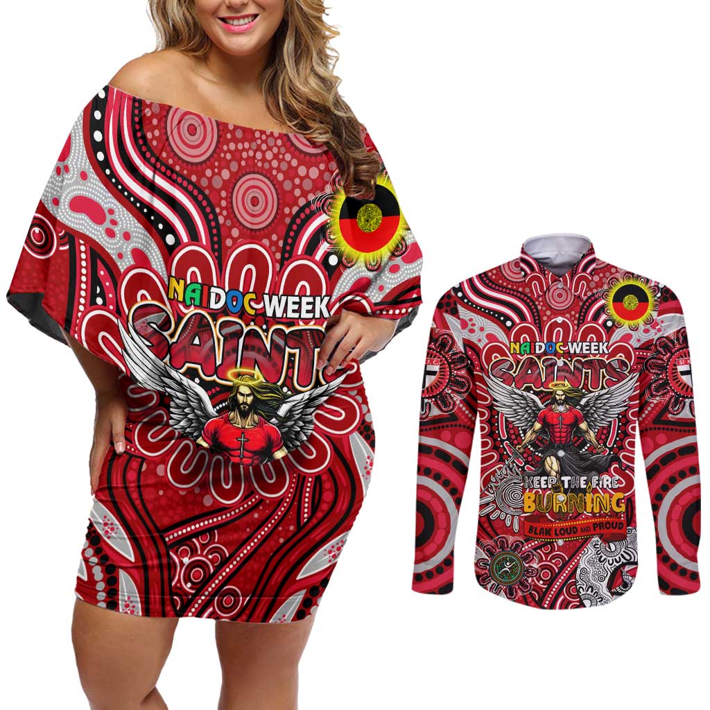 Custom St Kilda Saints NAIDOC Week 2024 Couples Matching Off Shoulder Short Dress and Long Sleeve Button Shirt Mascot Football
