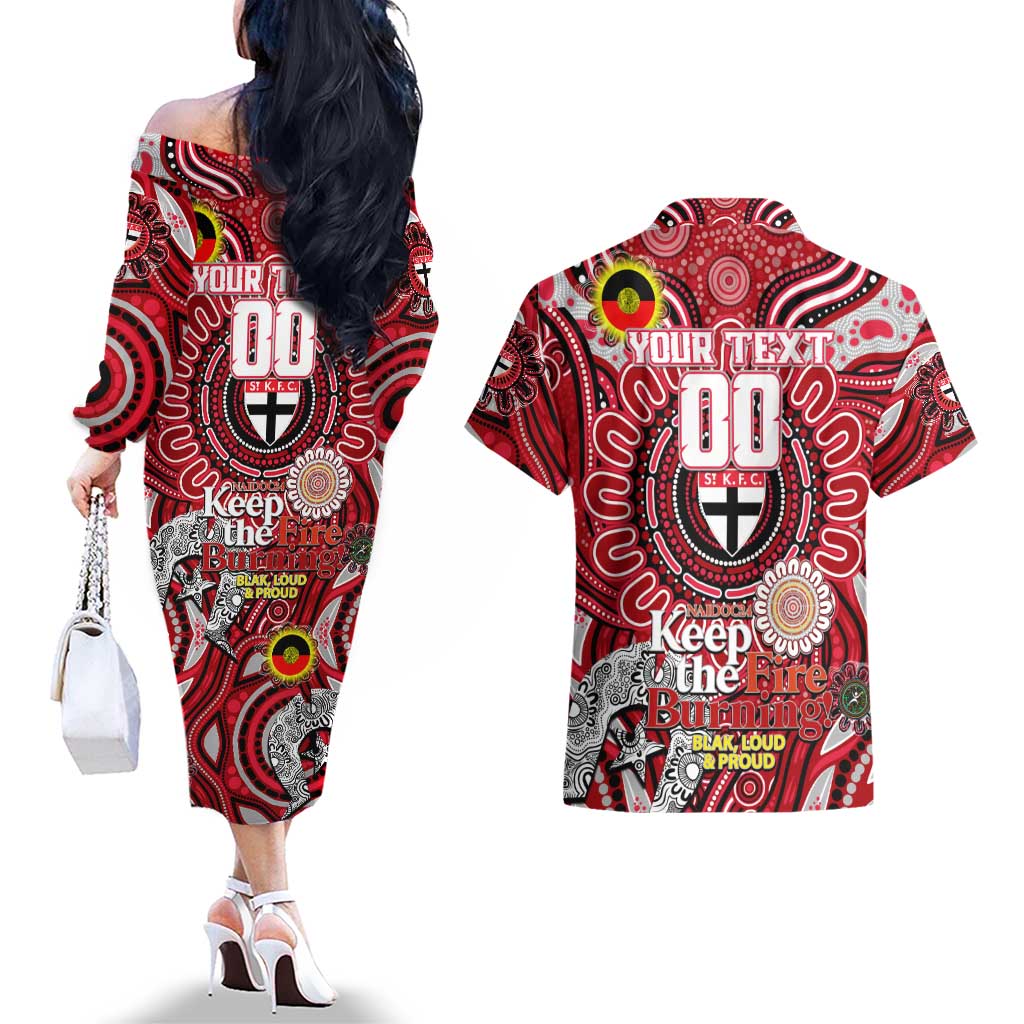 Custom St Kilda Saints NAIDOC Week 2024 Couples Matching Off The Shoulder Long Sleeve Dress and Hawaiian Shirt Mascot Football