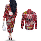 Custom St Kilda Saints NAIDOC Week 2024 Couples Matching Off The Shoulder Long Sleeve Dress and Long Sleeve Button Shirt Mascot Football