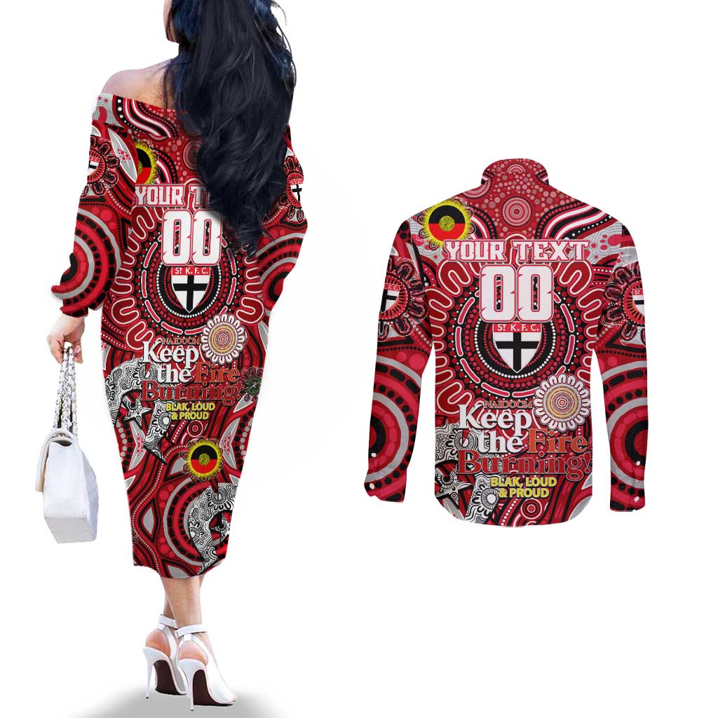 Custom St Kilda Saints NAIDOC Week 2024 Couples Matching Off The Shoulder Long Sleeve Dress and Long Sleeve Button Shirt Mascot Football