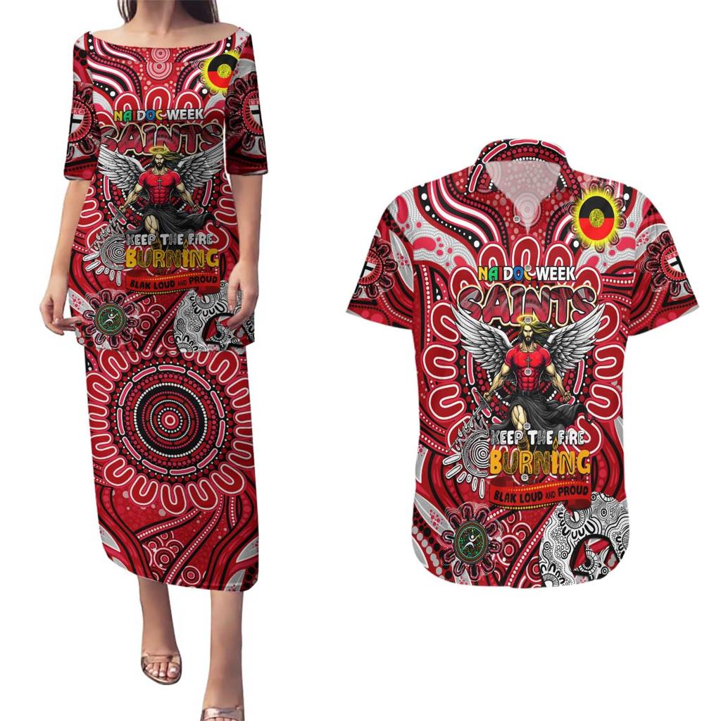 Custom St Kilda Saints NAIDOC Week 2024 Couples Matching Puletasi and Hawaiian Shirt Mascot Football