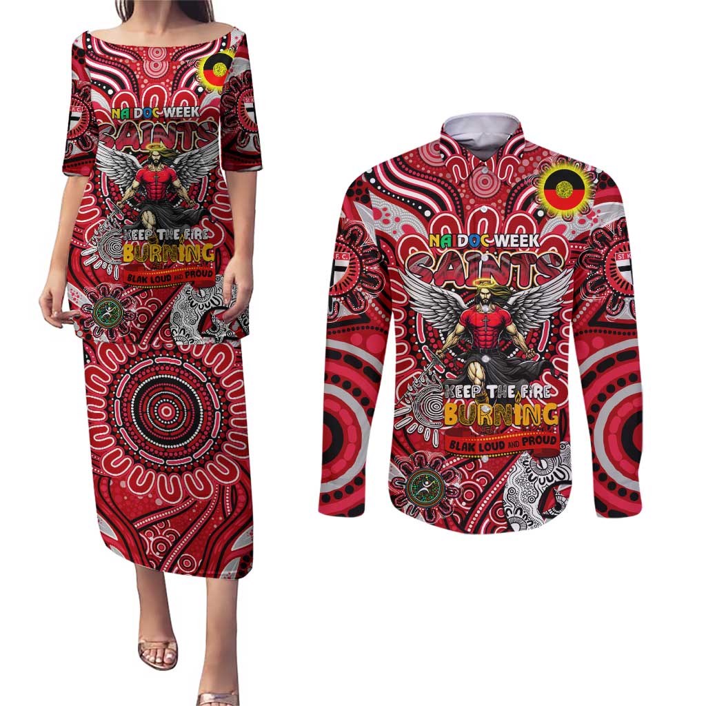 Custom St Kilda Saints NAIDOC Week 2024 Couples Matching Puletasi and Long Sleeve Button Shirt Mascot Football