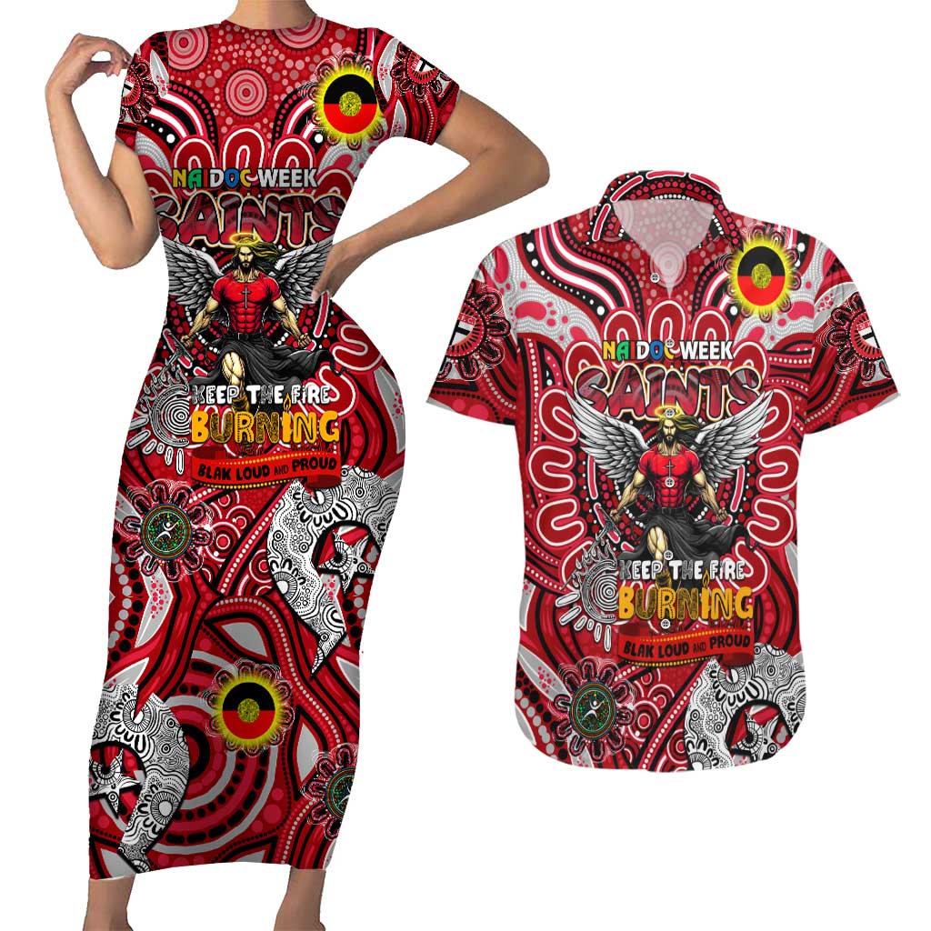 Custom St Kilda Saints NAIDOC Week 2024 Couples Matching Short Sleeve Bodycon Dress and Hawaiian Shirt Mascot Football